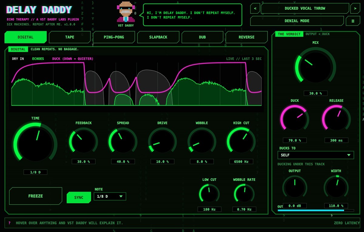 Delay Daddy in DIGITAL mode, the echoes ducking under a vocal