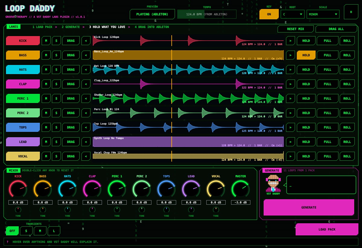 Loop Daddy with nine color-coded loop lanes, a mixer and the GENERATE button